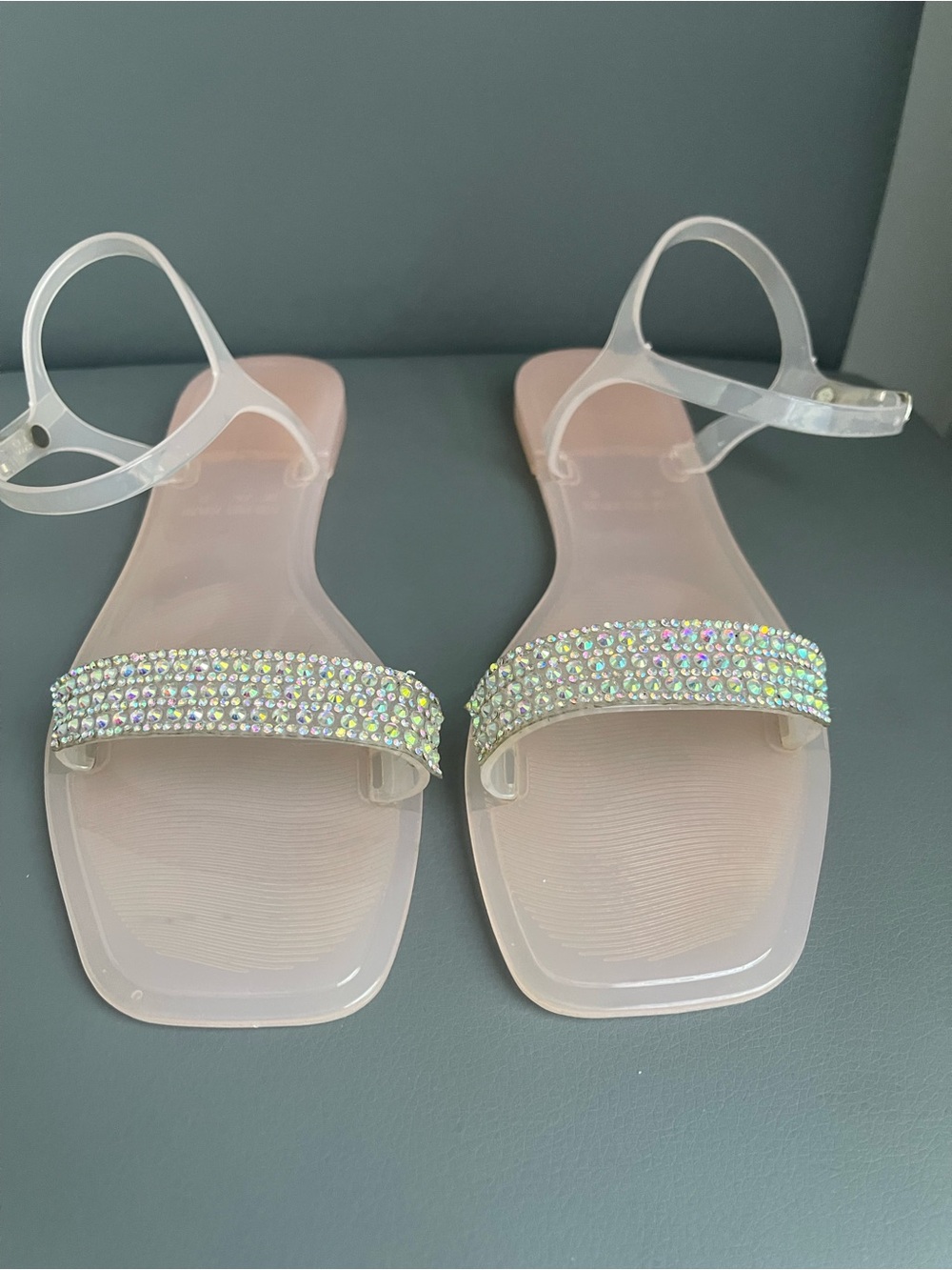 Olivia Miller Clear Flat Jelly Ankle-Strap Sandals Rhinestones Women’s Size 10